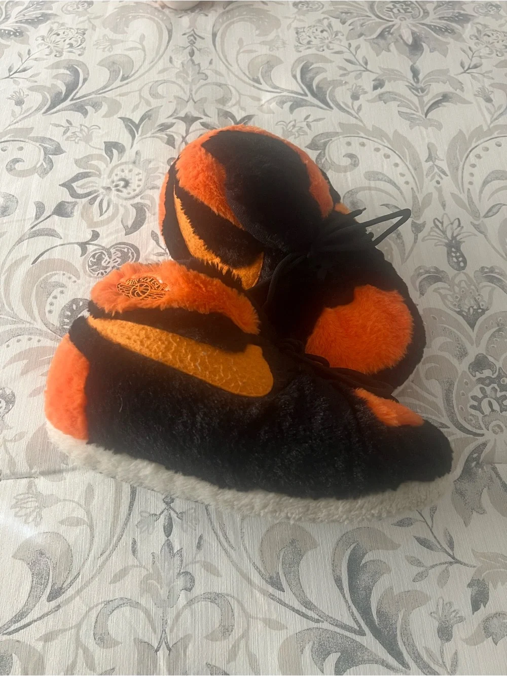 Cozy Kids Lace-Up Plush Slippers in Black & Orange
